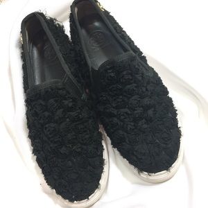 Tory Burch Black Rosette Slides Sz 6.5